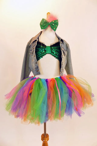 Green sequined bra top &jean jacket with large dollar symbol on back. Bottom is a pull on tulle- ribbon  rainbow tutu & separate short. Matching hair piece. Front