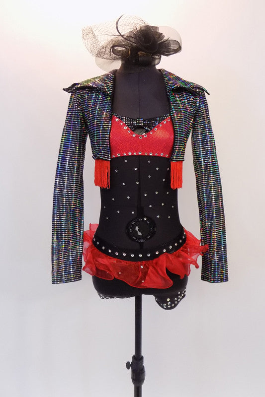 Black sheer leotard has red bra and black shorts & red organza hip ruffle. Many Swarovski crystals. Comes with iridescent  waistcoat with red fringe trim. Front