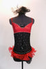 Black sheer leotard has red bra and black shorts & red organza hip ruffle. Many Swarovski crystals. Comes with iridescent  waistcoat with red fringe trim. Front no Jacket