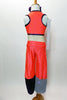 Bright iridescent coral orange two-piece has sleeveless crop-top accented with purple trim while mesh and white sequin trim. The pants have alternating accents. Back