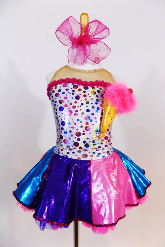 Silver leotard with colourful dots and an attached  ice cream cone with pink feather ice cream. Has  purple-pink-blue skirt with matching coloured petticoat. Front zoom