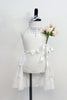 White high neck leotard haskeyhole back & crystal accents,Open skirt is layered lace with small bow accent. Comes with pale pink roses & small veil. Front