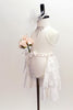White high neck leotard haskeyhole back & crystal accents,Open skirt is layered lace with small bow accent. Comes with pale pink roses & small veil. Side