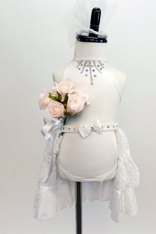 White high neck leotard haskeyhole back & crystal accents,Open skirt is layered lace with small bow accent. Comes with pale pink roses & small veil. Front zoom