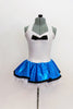 White halter collar leotard has black bow accent at front. Comes with a pull-on, turquoise skirt, that has a matching black edge & an attached white petticoat. Front