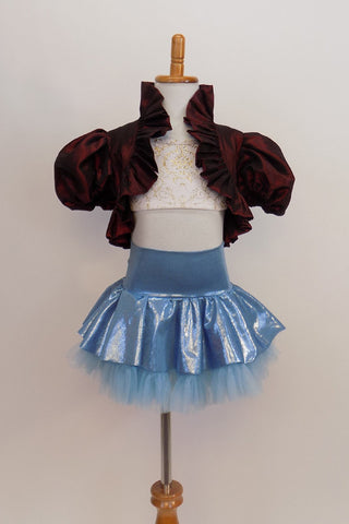White velvet bra-top with gold pattern has burgundy iridescent taffeta shrug with wide ruffle and large pouf sleeves.Skirt is light blue with petticoat & panty.Front
