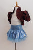 White velvet bra-top with gold pattern has burgundy iridescent taffeta shrug with wide ruffle and large pouf sleeves.Skirt is light blue with petticoat & panty.Side