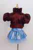 White velvet bra-top with gold pattern has burgundy iridescent taffeta shrug with wide ruffle and large pouf sleeves.Skirt is light blue with petticoat & panty. Save