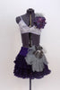Custom costume is dark purple layered petticoat skirt with l hip decoration & lace lavender briefs. Lavender lace bra has purple floral accent & ruffled tulle. Front