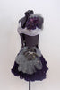 Custom costume is dark purple layered petticoat skirt with l hip decoration & lace lavender briefs. Lavender lace bra has purple floral accent & ruffled tulle. Side