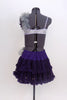 Custom costume is dark purple layered petticoat skirt with l hip decoration & lace lavender briefs. Lavender lace bra has purple floral accent & ruffled tulle. Back