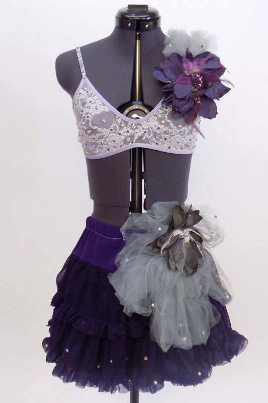 Custom costume is dark purple layered petticoat skirt with l hip decoration & lace lavender briefs. Lavender lace bra has purple floral accent & ruffled tulle. Front Zoom
