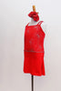 Red camisole style leotard dress has silver firework motif with crystal centers & straps that criss-cross around crystal ring on back. Has matching hair piece. Side