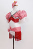 White leotard has red-white checkered bust area,  pouf sleeves with lace,  silver sequins and red fringe. Has checkered hip wrap with red fringe & hair bow. Side