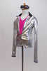 Silver jacket with matching shorts has zip front .. Separate hot pink halter style top to go under the jacket. Rhinestone sunglasses complete the look. Side
