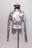 Silver jacket with matching shorts has zip front .. Separate hot pink halter style top to go under the jacket. Rhinestone sunglasses complete the look. Back