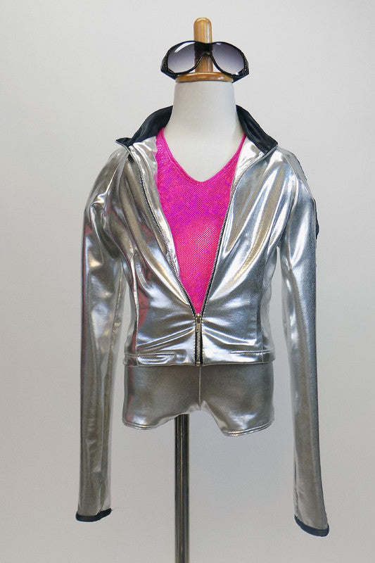 Silver jacket with matching shorts has zip front .. Separate hot pink halter style top to go under the jacket. Rhinestone sunglasses complete the look Front