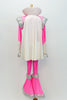 70s style Disco hot pink &silver flare jumpsuit has sequined leg, hip, shoulder & cuff accents. It has a stand-up collar & attached white cape. (Elvis wig optional) Back