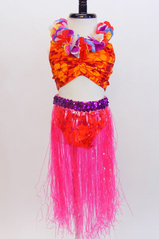 Orange & and red floral, pinch front, bikini has the feel of the tropics. Comes with Hawaiian lei and neon-pink, grass skirt with purple sequined waistband. Front Zoom