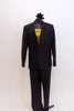 Black, fully lined Italian 2-piece suit has  button front blazer. It comes with a gold halter full stretch top and matching black hair accessory. Front