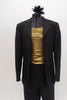 Black, fully lined Italian 2-piece suit has  button front blazer. It comes with a gold halter full stretch top and matching black hair accessory. Front zoom