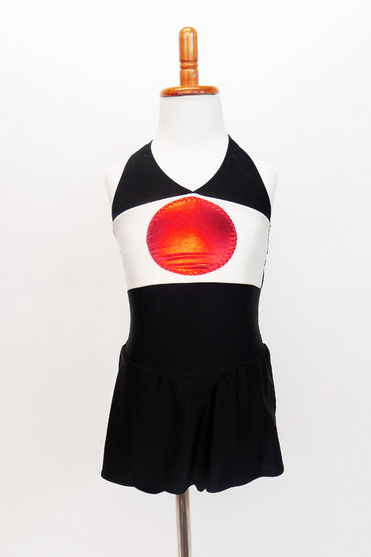 Themed costume, black stretch halter unitard dress has Japanese flag on front bodice. Front