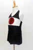 Themed costume, black stretch halter unitard dress has Japanese flag on front bodice. 