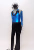 Black velvet pants accompany a turquoise metallic halter leotard with black sequin accents. Comes with matching blue gauntlets and black mesh/floral hair piece. Side