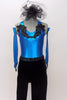 Black velvet pants accompany a turquoise metallic halter leotard with black sequin accents. Comes with matching blue gauntlets and black mesh/floral hair piece. Front Zoom