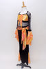 Orange tie-dye bodice with straps & edging has torso & long sleeves of loose black mesh, with  orange sleeve ruffles & black velvet pants with ruffled inserts. Back