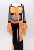 Orange tie-dye bodice with straps & edging has torso & long sleeves of loose black mesh, with  orange sleeve ruffles & black velvet pants with ruffled inserts. Front Zoom