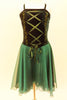 Dark green dress has velvet bodice with corset style lacing, painted designs and green crystal accents. The skirt is comprised of layers of flowing chiffon. Front Zoom