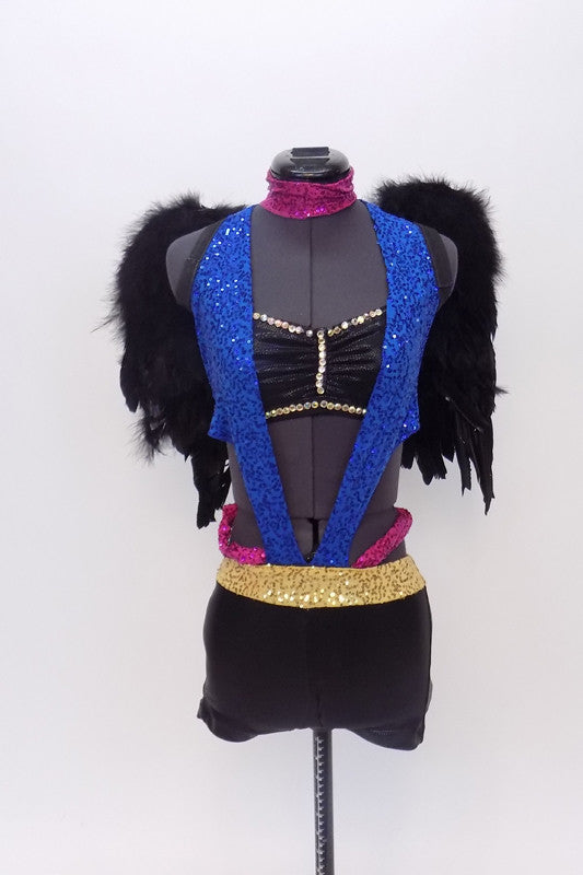 Black bra top has blue sequined halter attachment . The black shorts have a gold and magenta sequined waist band. Comes with a large detachable pair of  wings. Front