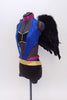 Black bra top has blue sequined halter attachment . The black shorts have a gold and magenta sequined waist band. Comes with a large detachable pair of  wings. Side