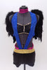 Black bra top has blue sequined halter attachment . The black shorts have a gold and magenta sequined waist band. Comes with a large detachable pair of  wings . Front Zoom
