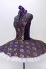 Classical tutu with white base and dark purple velvet and gold lace overlay. Bodice has lace straps and front lace center panel adorned with crystals. Side