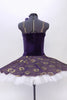 Classical tutu with white base and dark purple velvet and gold lace overlay. Bodice has lace straps and front lace center panel adorned with crystals. Back