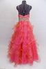 Full length A-line Mac Duggal , coral organza gown, has layers of curly organza ruffles, ruched crossover bust a and a wide Swarovski crystal waistband. Back