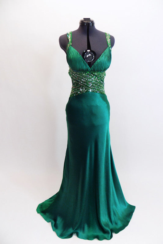 Deep emerald green satin full length Madeline’s gown with fitted cup (B/C). The waist and straps are made from beaded & sequined sheer & extent to low open back. Front