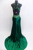 Deep emerald green satin full length Madeline’s gown with fitted cup (B/C). The waist and straps are made from beaded & sequined sheer & extent to low open back, Back