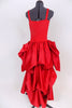 Red, ruched back, long sateen dress has short draped front for easy movement with crystal broach accents . Layered bustle effect carries through to  back. Back
