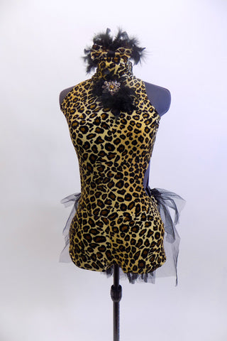 Leopard print high neck leotard has front feather-broach accent & low back.Bustle has layers of black tulle and chiffon .Comes with matching hair accessory. Front