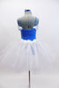 Blue leotard has draped white chiffon on bodice & large blue crystal broach accent. Has  long pull on tutu skirt with blue crystals & matching hair accessory. Back