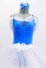 Blue leotard has draped white chiffon on bodice & large blue crystal broach accent. Has  long pull on tutu skirt with blue crystals & matching hair accessory. Front zoom