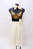  A-line dress has antique gold bust attached to long ivory layered chiffon skirt. Brown velvet waist band has crystal broach/bow accent & matching hair piece. Front
