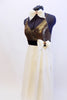  A-line dress has antique gold bust attached to long ivory layered chiffon skirt. Brown velvet waist band has crystal broach/bow accent & matching hair piece. Side