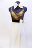  A-line dress has antique gold bust attached to long ivory layered chiffon skirt. Brown velvet waist band has crystal broach/bow accent & matching hair piece. Front zoom