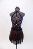 Halter neck dress has criss-cross straps & plunging front with orange bust panel, Has fringe skirt & belt with feathers, broach  & matching hair piece. Back       