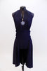 Navy halter dress has deep plunge front with large crystal broach. Has attached calf length open front skirt.Comes with pull on ruched waist band & hair piece. Front