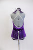 Purple sparkle halter leotard with silver, buttons & piping. Waistband and collar, are adorned with large  Swarovski crystals. Has crystal & feather hair piece. Back